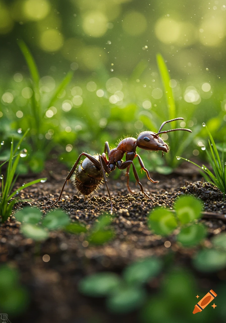 Photorealistic macro shot of an ant on soil with green grass and dewdrops in the background.