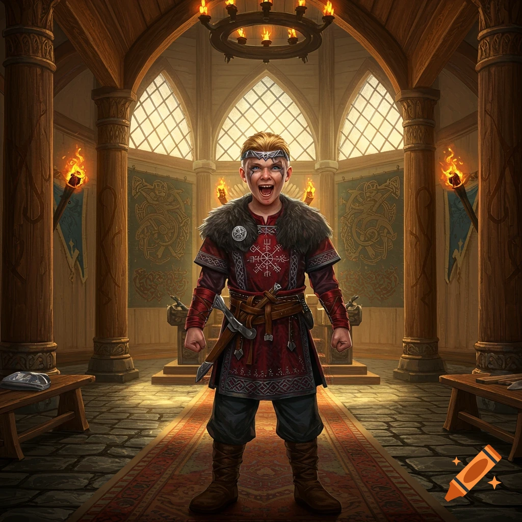 A young Viking boy with a crown, red tunic, and fur cape yells with fists clenched in a grand hall with torches.