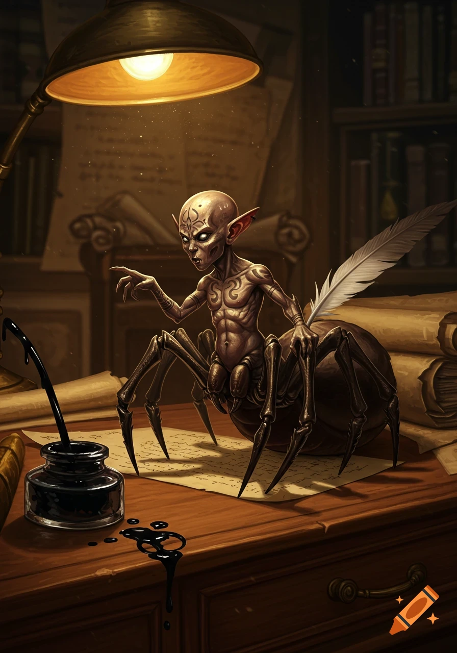 A bald, elf-eared drider with a quill on its back sits at a wooden desk with an inkwell, illuminated by a desk lamp in a dark library.
