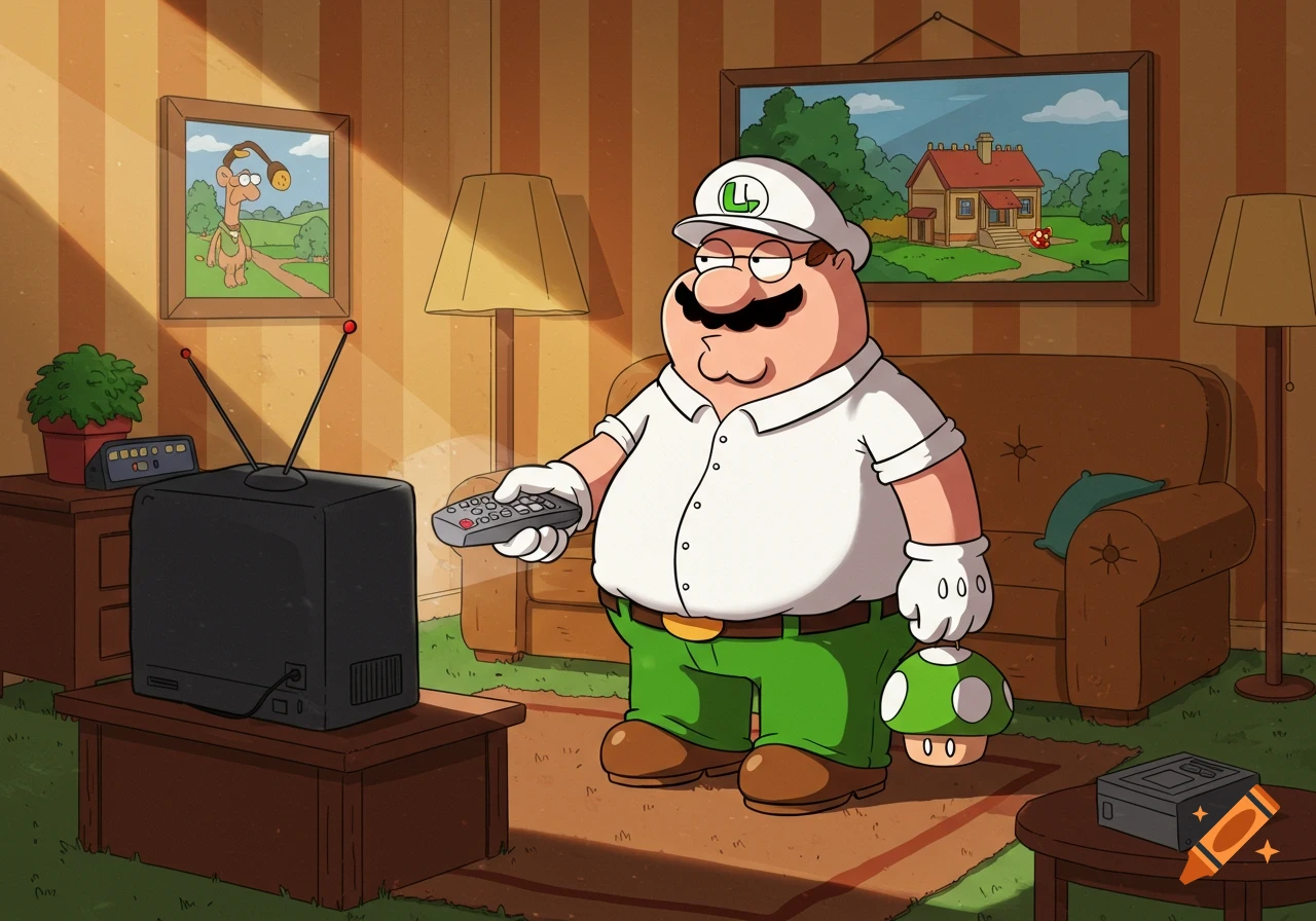 Peter Griffin dressed as Luigi from Super Mario, holding a TV remote and a 1-Up mushroom in his living room.