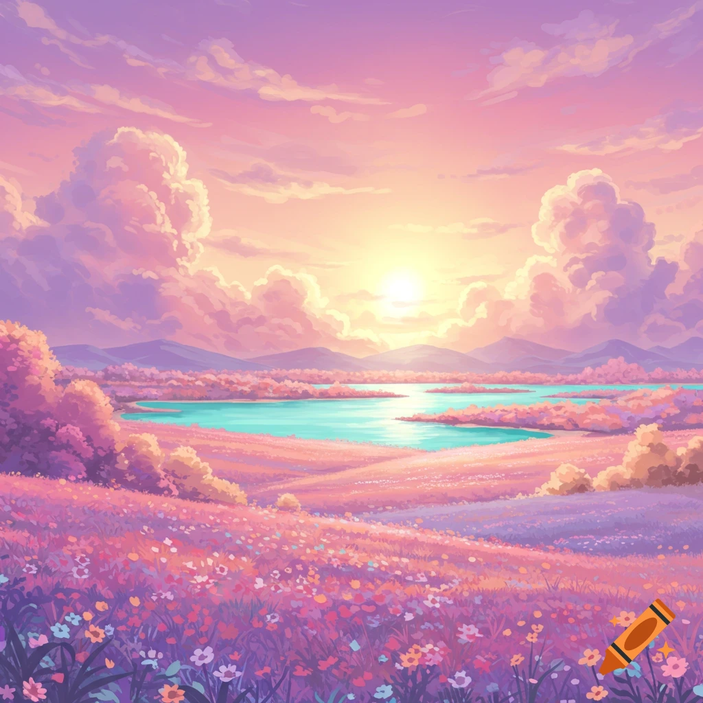 A vibrant digital art fantasy landscape at sunset, with a field of wildflowers, a calm lake, and pastel-colored clouds.