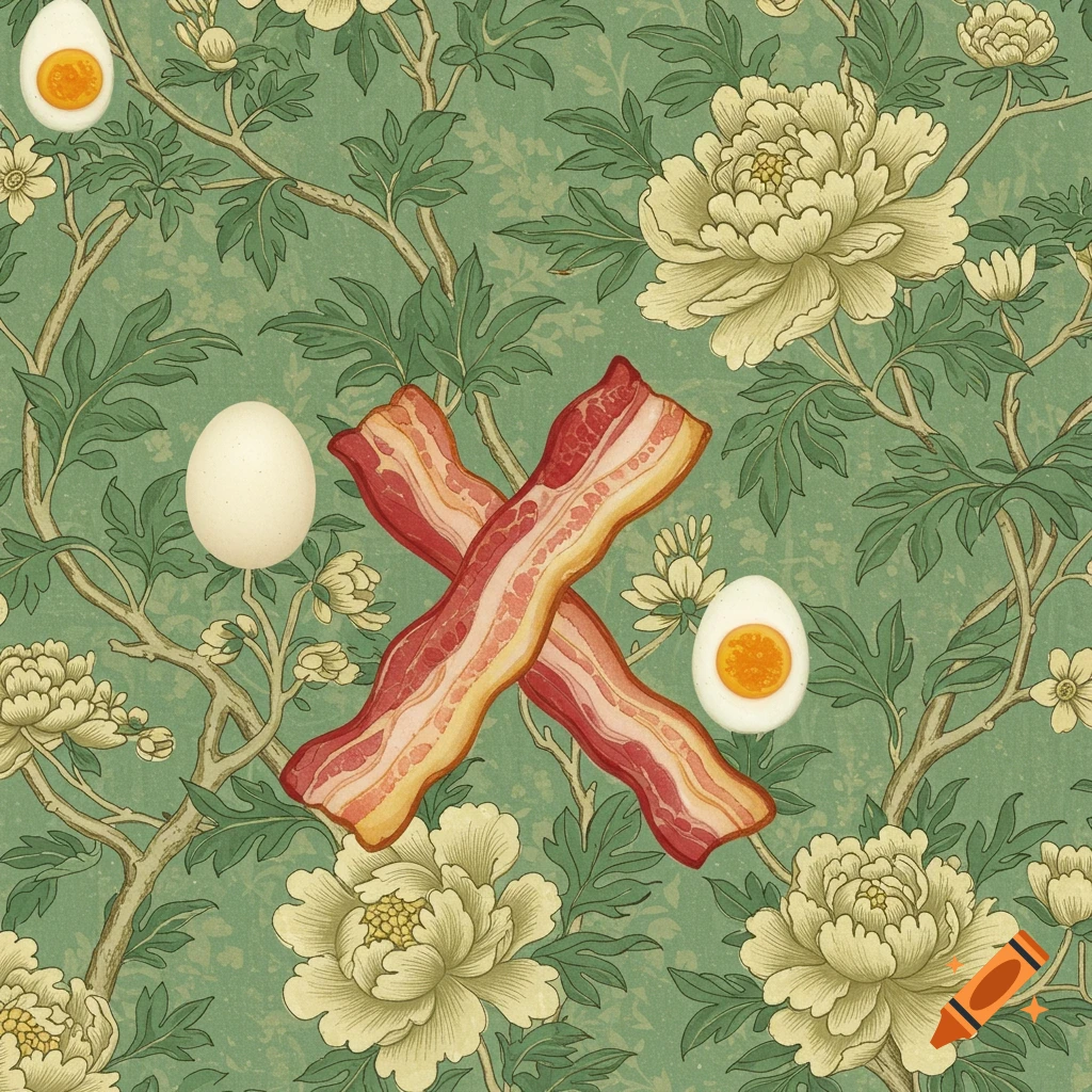 Chinoiserie wallpaper pattern with green and cream florals, featuring crossed bacon strips and whole and half-boiled eggs.