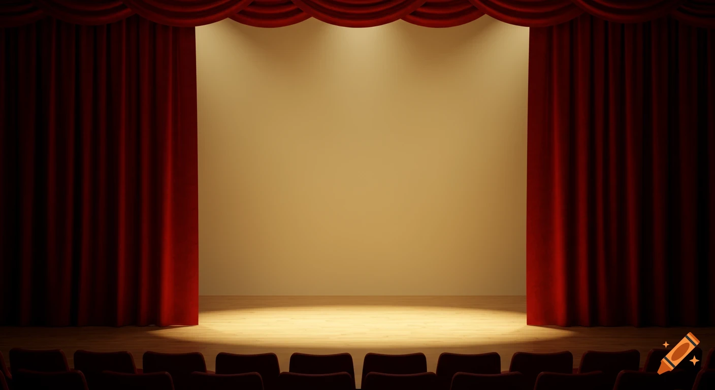 An empty theater stage with red velvet curtains, spotlights on the wooden floor, and a dark auditorium with rows of seats.