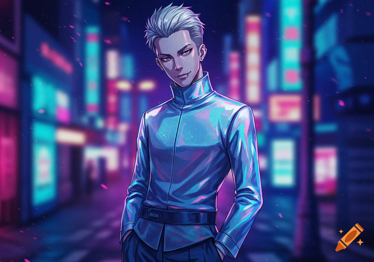 Anime male character with silver hair and a piercing, wearing an iridescent blue jacket, standing on a neon-lit cyberpunk street.
