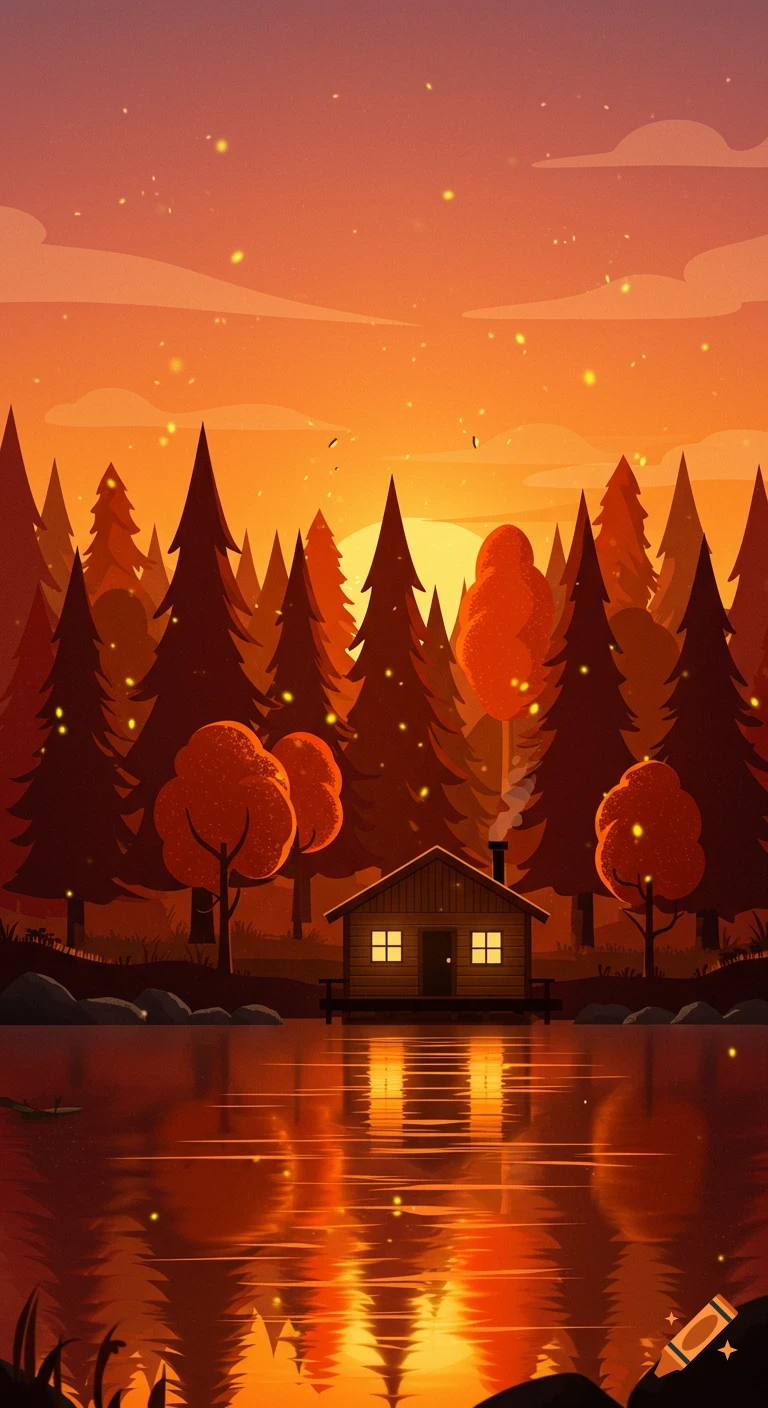 A minimalist digital illustration of a cozy wooden cabin by a calm lake, reflecting an orange sunset and surrounded by stylized autumn trees with glowing fireflies.