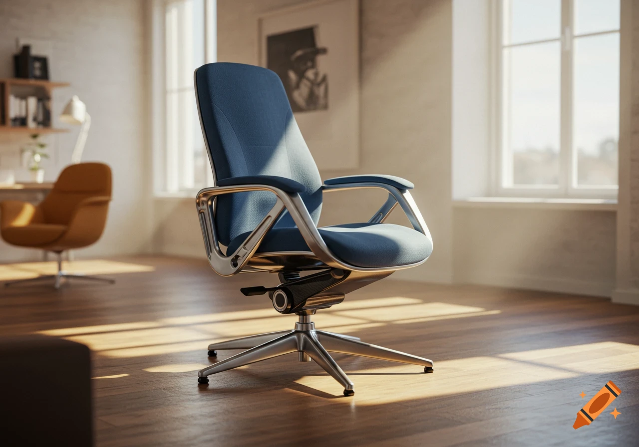 A blue ergonomic office chair sits on a wooden floor in a sunlit modern room, with a brown chair in the background.