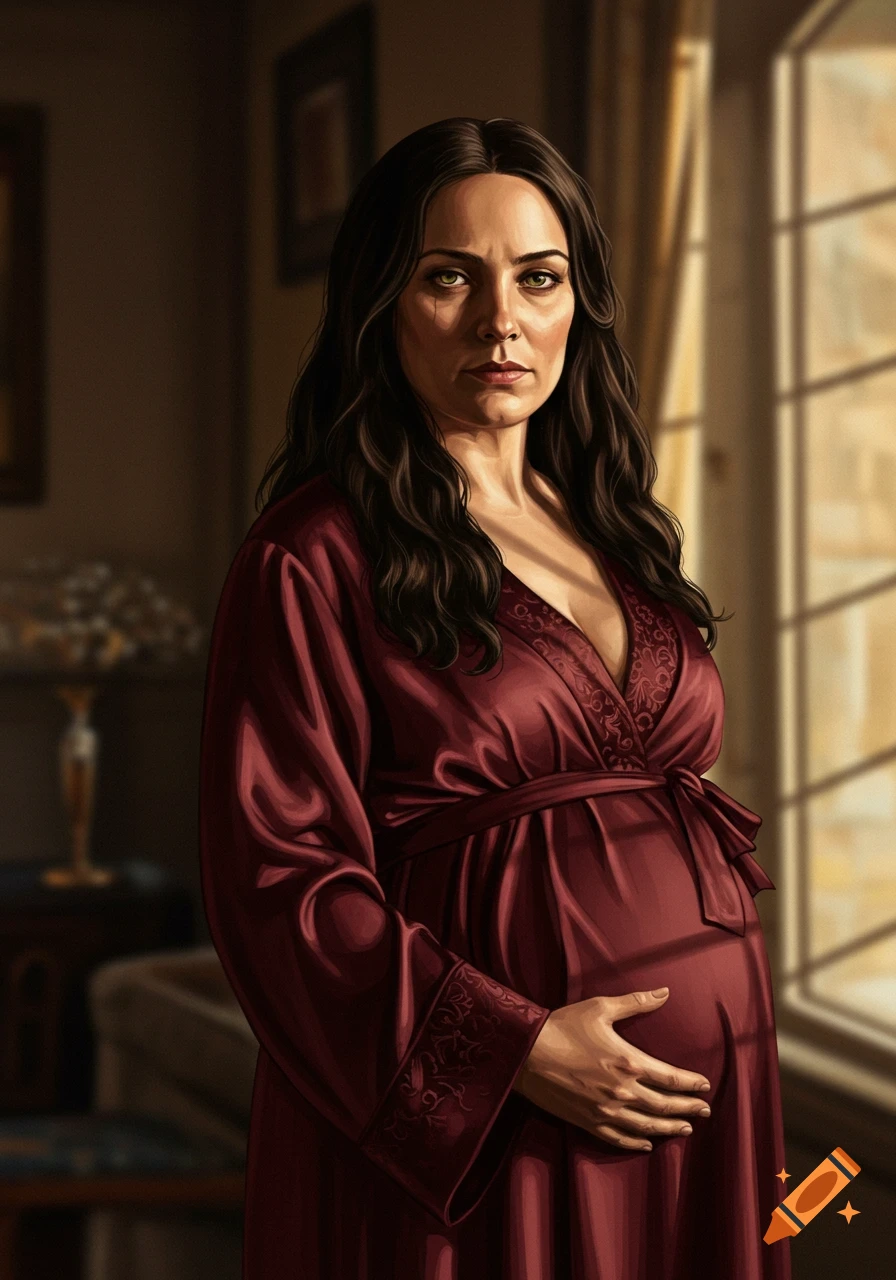A dark-haired pregnant woman in a maroon Edwardian-style dressing gown stands in a dimly lit room by a window, looking directly at the viewer. Digital art.