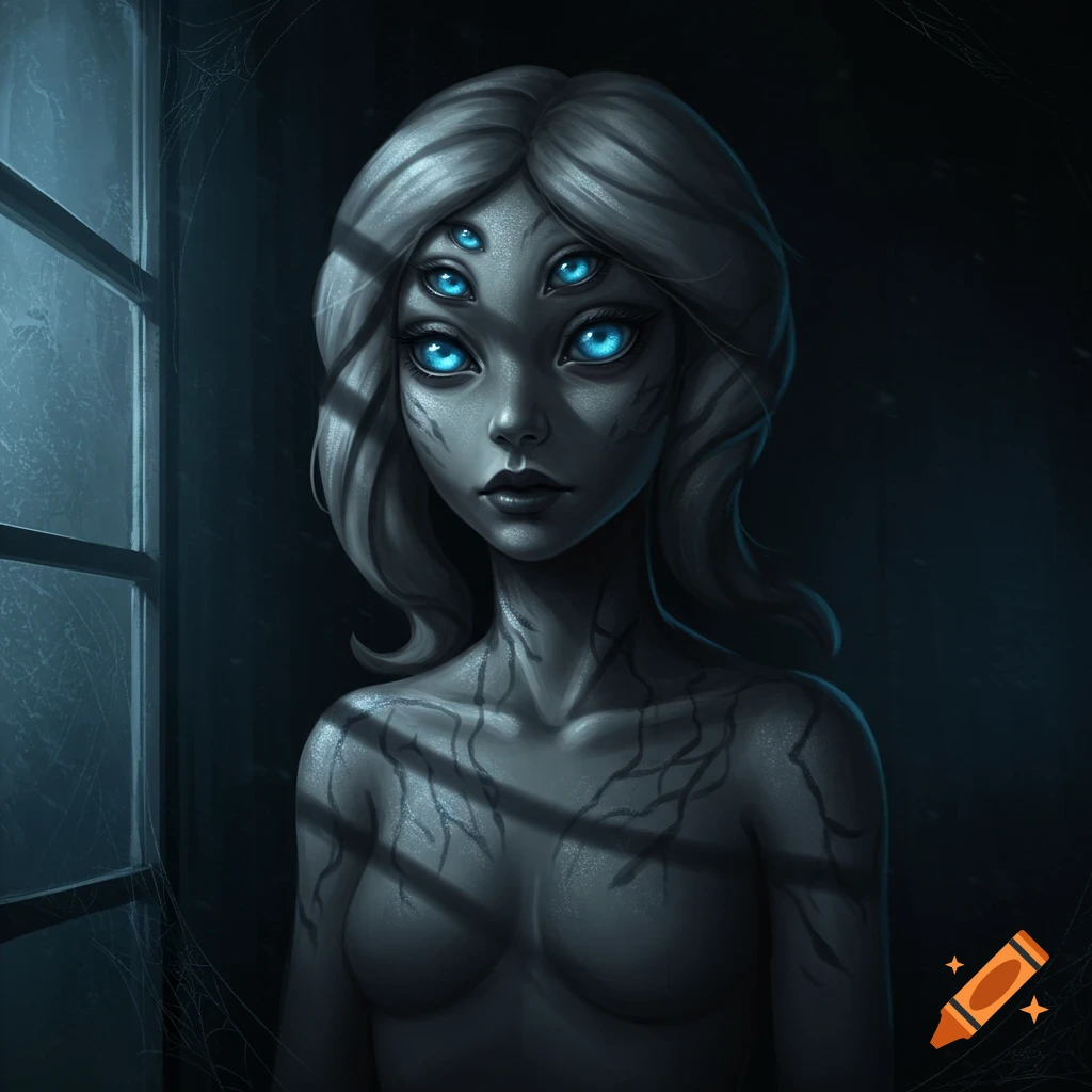 Digital painting of a gray-skinned monster girl with four blue eyes in a dark room, lit by window light.