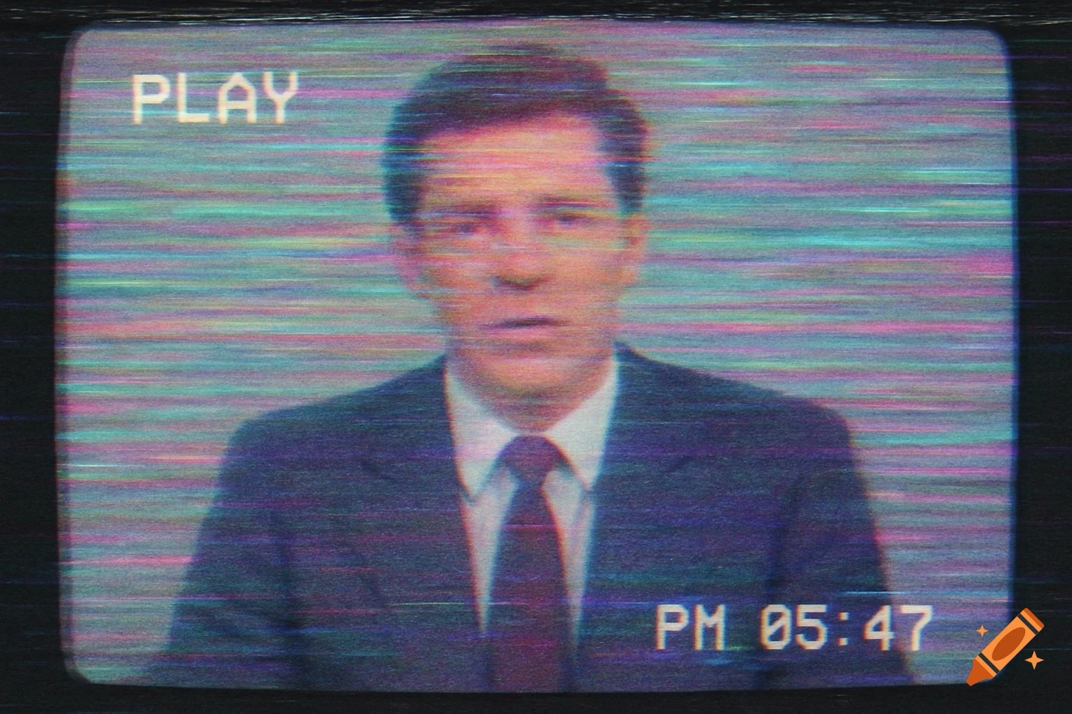 A man in a suit on a heavily glitched VHS-style TV screen with 'PLAY' and 'PM 05:47' text.