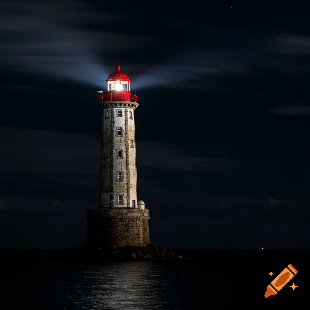 Photorealistic stone lighthouse with a red roof shining its bright beam across dark waters at night.