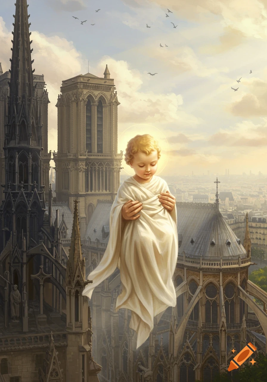 A radiant Child Jesus with a halo floats above Notre Dame Cathedral, overlooking a cityscape under a cloudy sky.