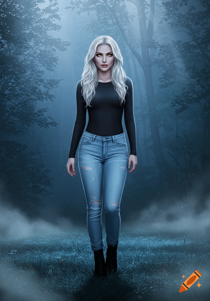 A digital illustration of a fair-skinned woman with ash blonde hair and golden eyes, wearing a black shirt and ripped jeans, walking through a misty, dark forest.