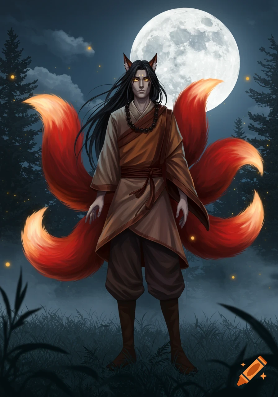 A kitsune man in a monk outfit with long black hair, golden eyes, and multiple red fox tails stands at night under a full moon. Digital illustration.