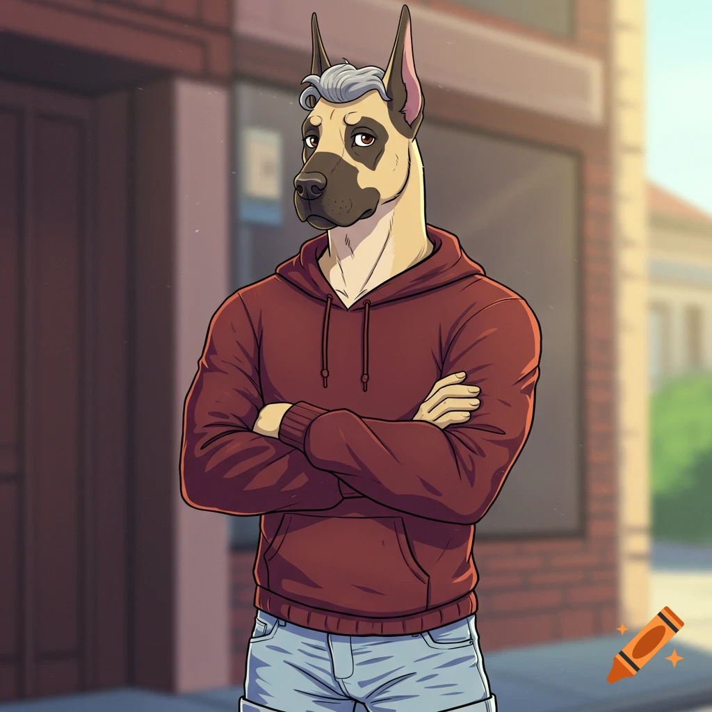 Cartoon anthropomorphic fawn Great Dane dog in a red hoodie and shorts, with arms crossed, standing outdoors.