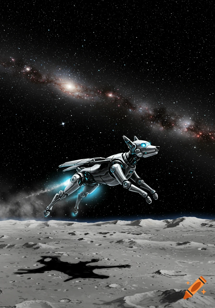 A futuristic silver robot dog with blue glowing accents flies low over a grey cratered moon surface, under a vibrant galaxy and starry night sky.