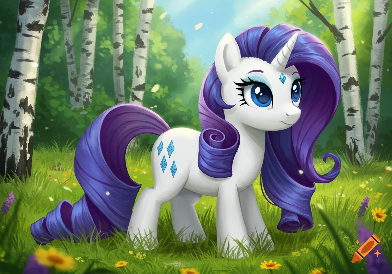 A white unicorn pony with a long purple mane and tail stands in a vibrant green forest with birch trees.