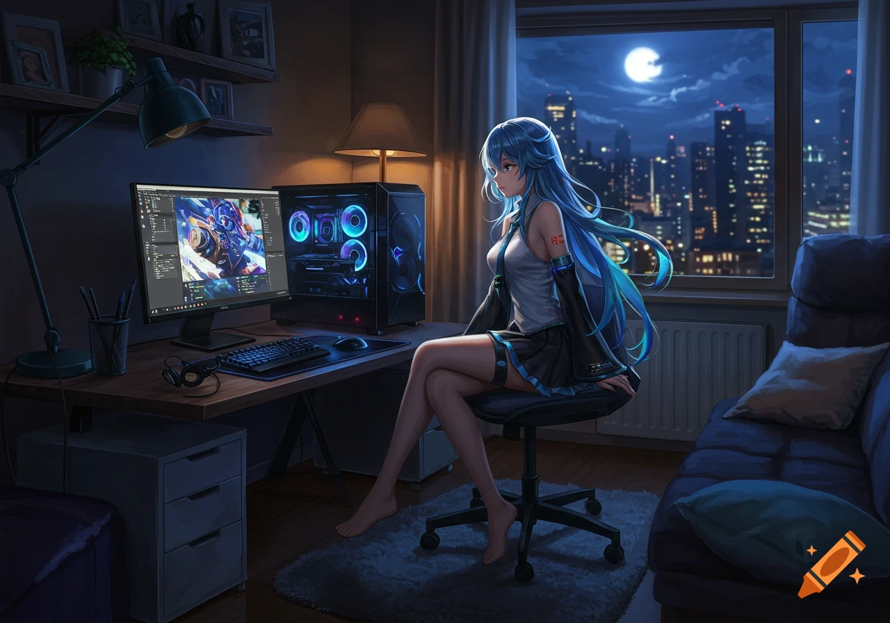 An anime woman with long blue hair sits at a gaming desk with an illuminated PC, looking out a window at a moonlit city skyline at night.