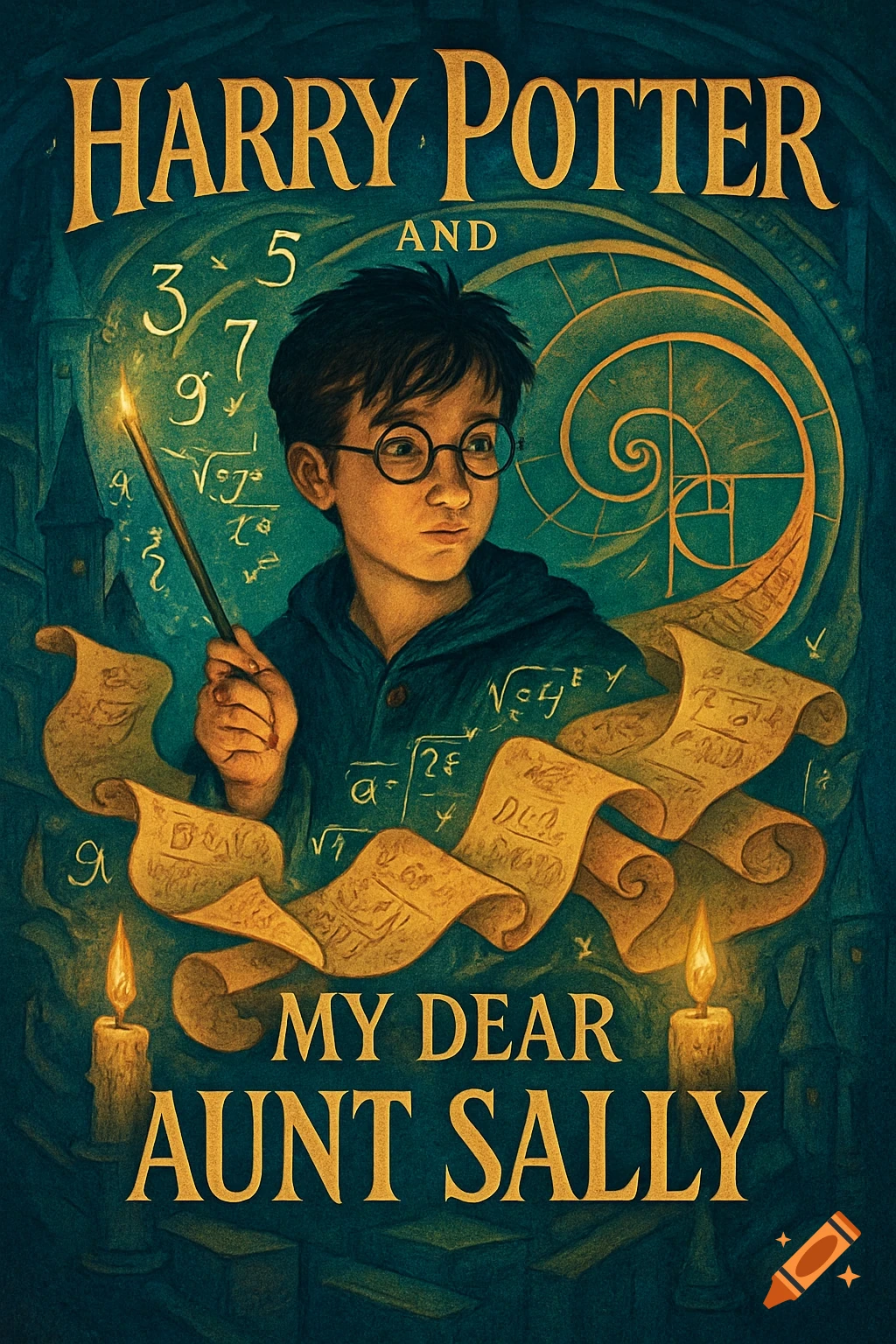 Illustrated book cover for 'Harry Potter and My Dear Aunt Sally' featuring a boy with a wand surrounded by math equations.