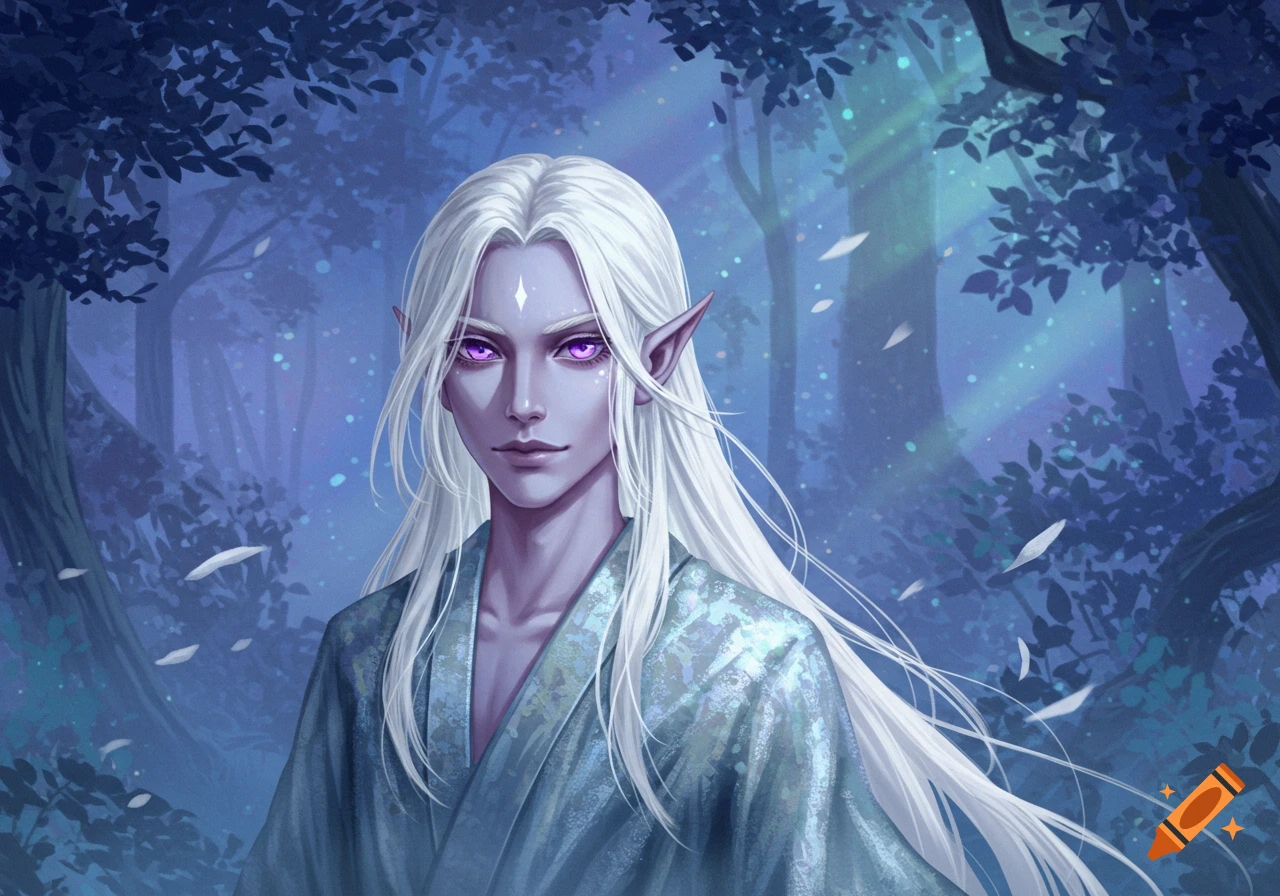 Androgynous elf with long white hair and glowing purple eyes, wearing a teal kimono in a mystical blue forest.