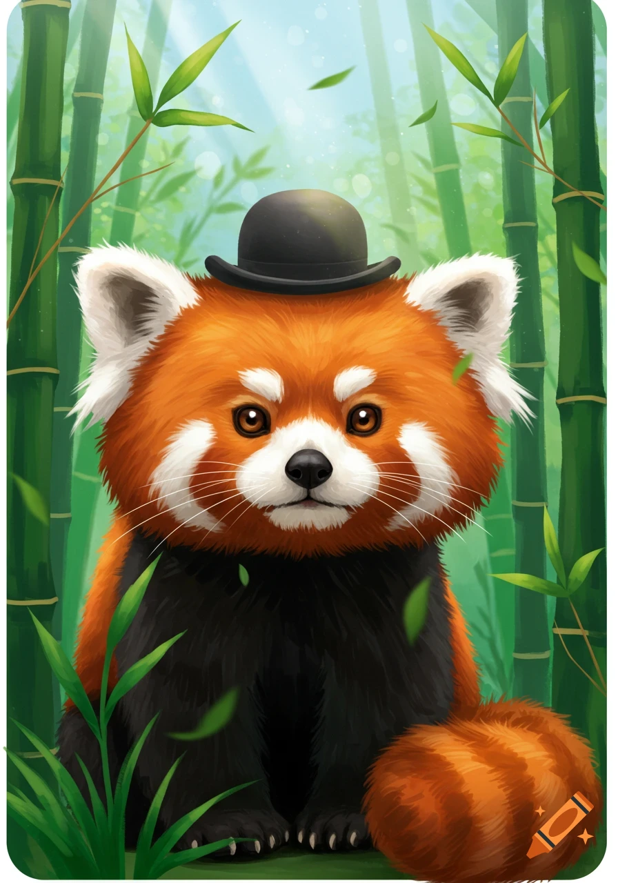 An illustrative drawing of a cute red panda wearing a black bowler hat, sitting among green bamboo stalks and leaves.