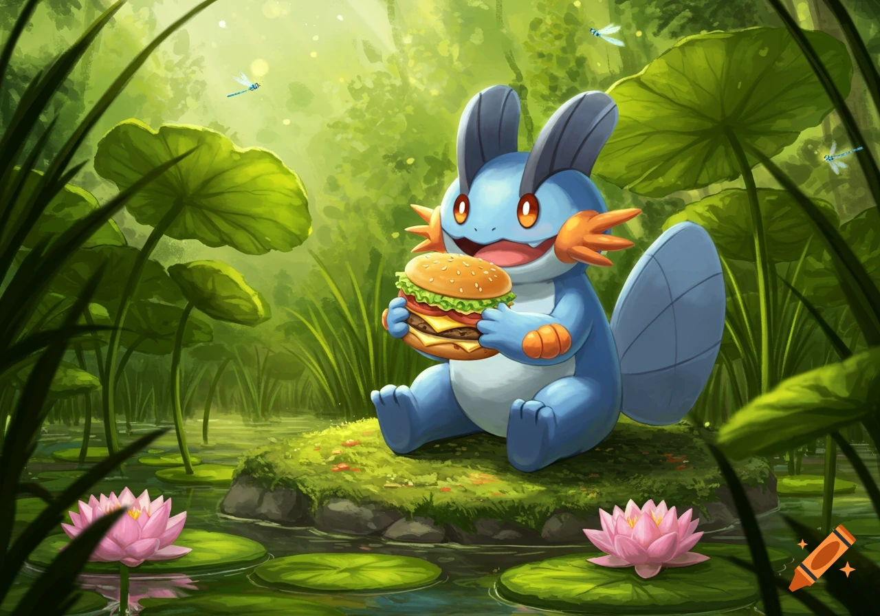 A blue Swampert Pokémon sits on a mossy rock in a pond, happily holding a large hamburger. Water lilies surround it.