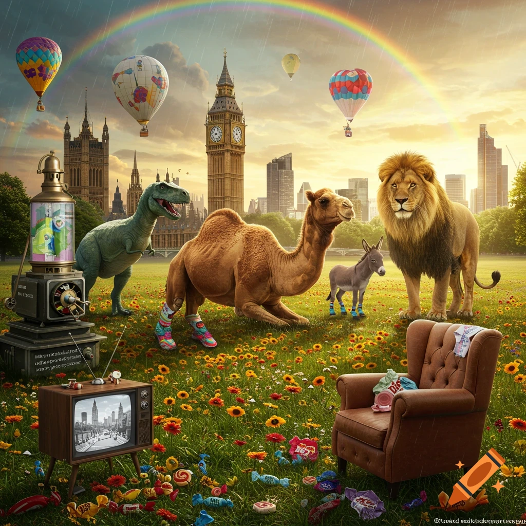 A whimsical scene with a rainbow over a cityscape, featuring a dinosaur, a camel in colorful shoes, a donkey in blue shoes, and a lion on a field of wildflowers, with hot air balloons, old TV, and candy scattered around.