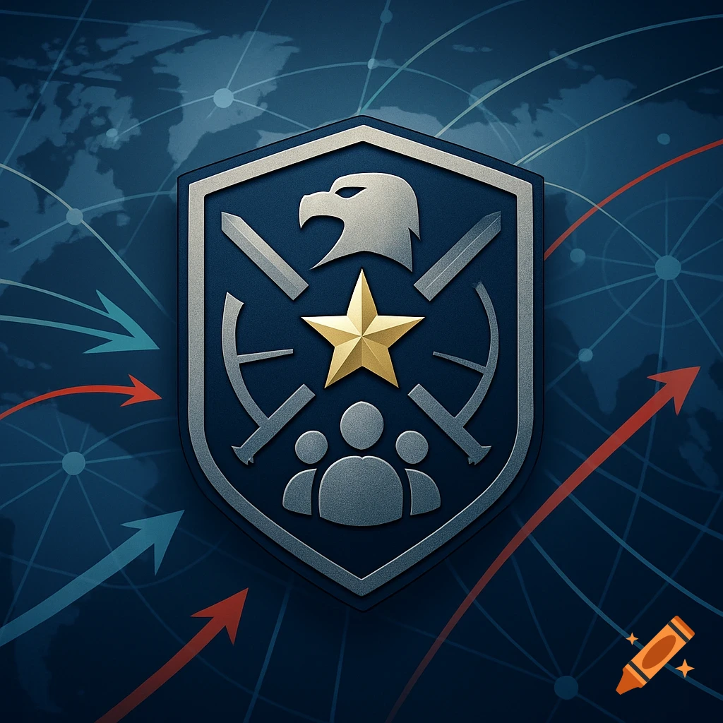 A dark blue shield emblem with a silver eagle, gold star, crossed tools, and three person icons on a blue world map background with network lines.