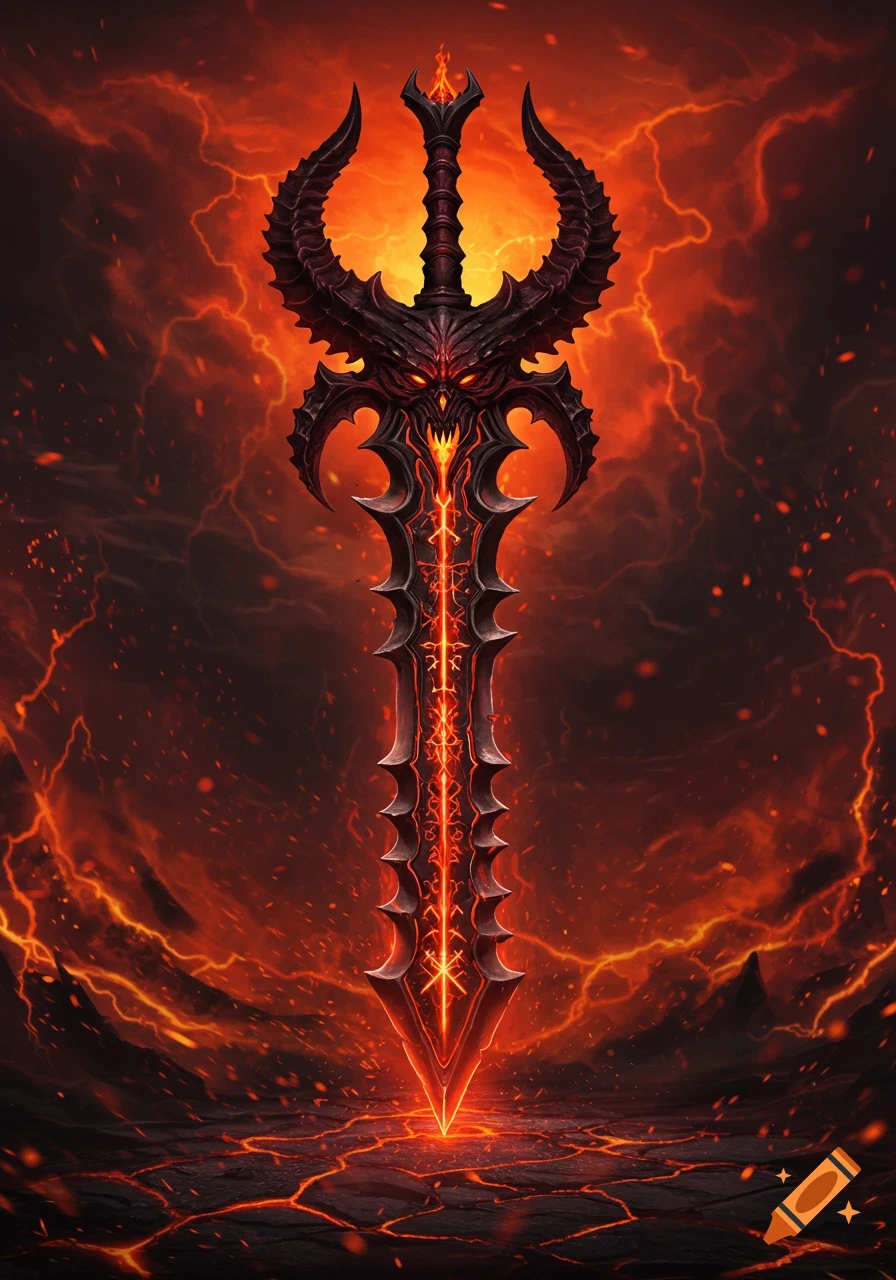 A dark, spiky demon sword with a glowing red blade and a horned hilt with a fanged face, against a fiery lava landscape.