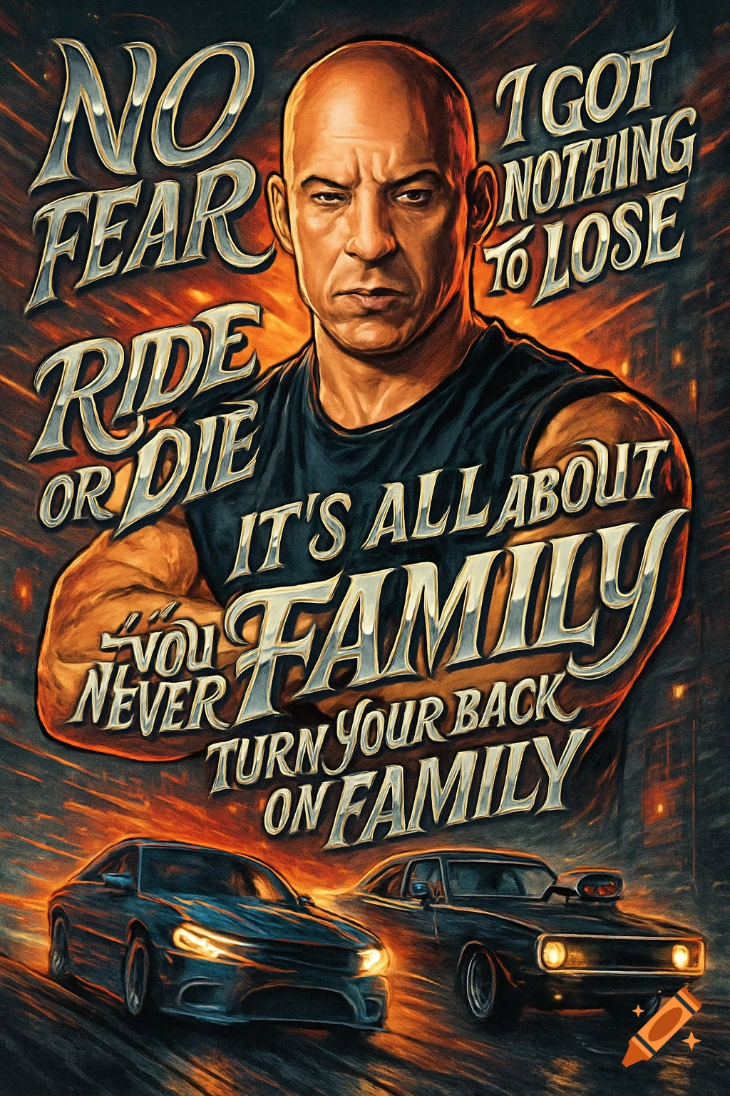 A stylized portrait of Vin Diesel as Dominic Toretto, with movie quotes surrounding him and two racing cars below.