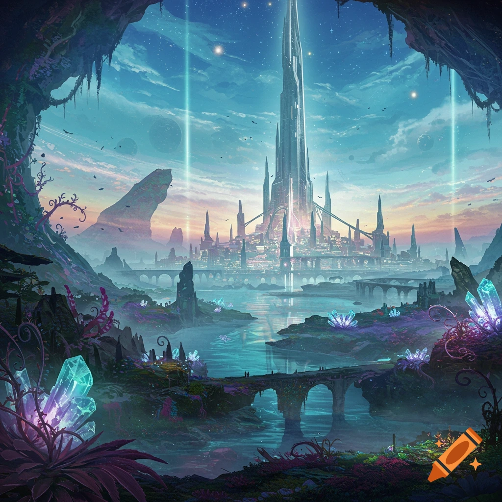 A vibrant, futuristic city with a towering skyscraper overlooking a river, surrounded by fantastical landscapes, glowing crystals, and bridges under a starry sky.
