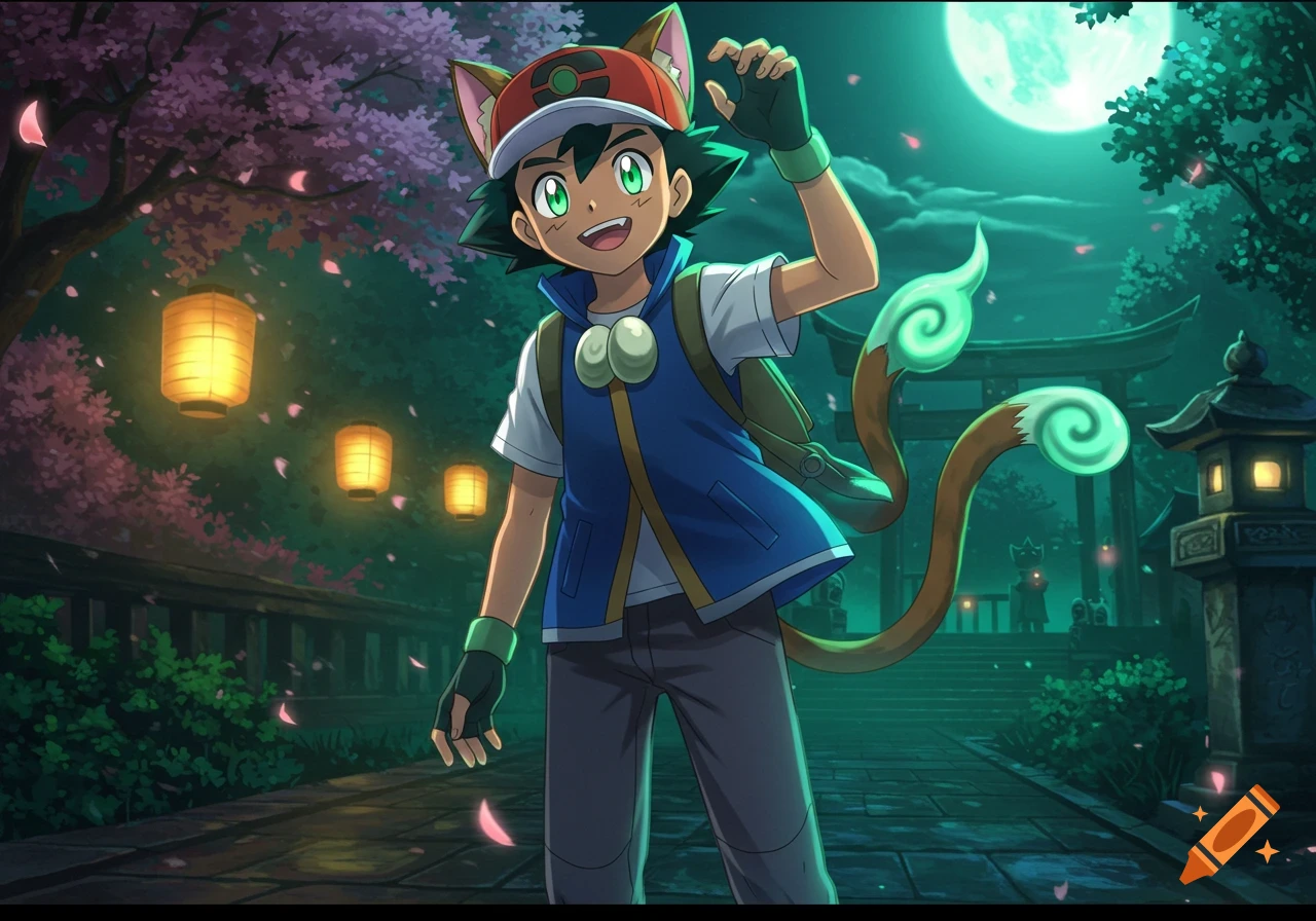Anime Ash Ketchum with cat ears and a glowing tail on a stone path at night, amidst cherry blossoms, lanterns, and a torii gate under a full moon.