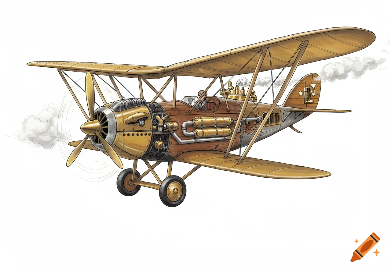 Detailed Ghibli-style illustration of a steampunk biplane with a brown wooden body and golden metal parts, smoking, on a white background.