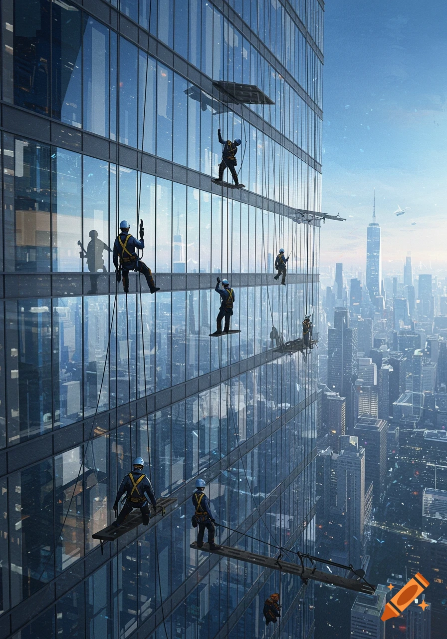 Workers rappelling down the side of a modern glass skyscraper with a cityscape backdrop.