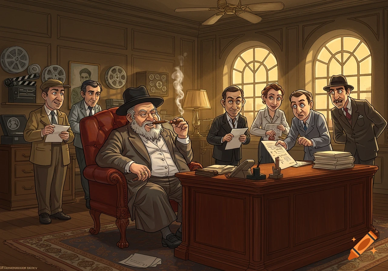 A cartoon of a movie producer smoking a cigar in his office, negotiating with several film crew members holding papers, in a 1990s style.