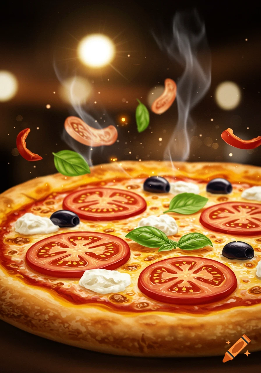 A steaming pizza with tomatoes, mozzarella, basil, and olives, with ingredients floating above it against a dark, glowing background.