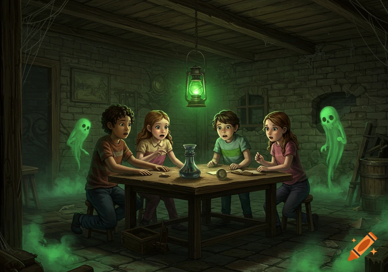 Four children look scared at two glowing green ghosts in a dark, creepy basement with a lantern.