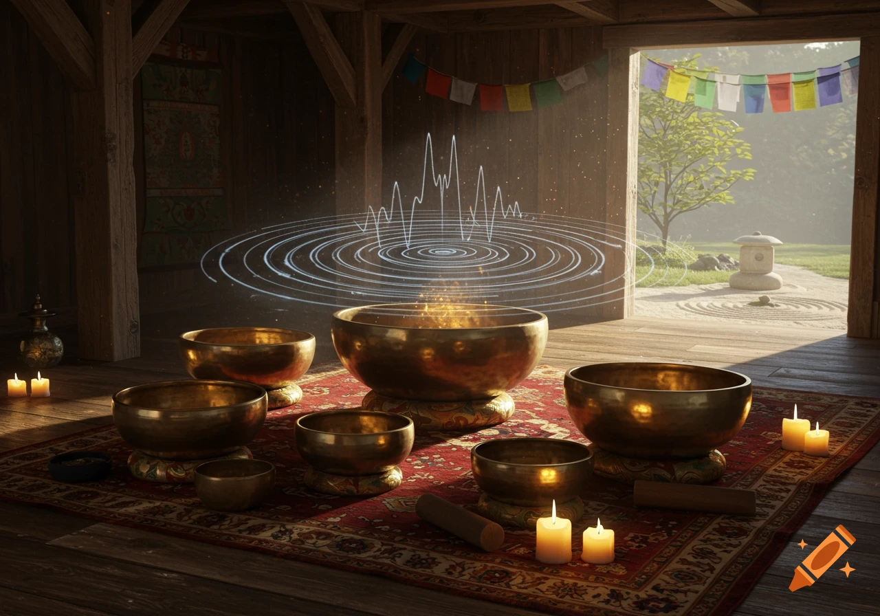 Several brass Tibetan singing bowls sit on an ornate red rug inside a wooden room, with glowing sound waves and candles, overlooking a serene garden through an open doorway.