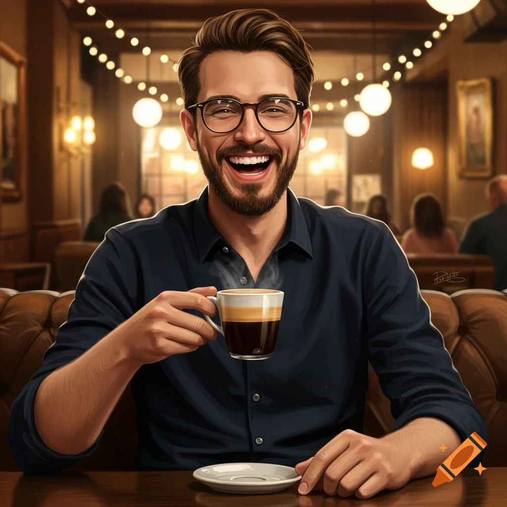 A happy man with glasses and a beard laughs while holding a coffee cup in a warm cafe, digital art style.