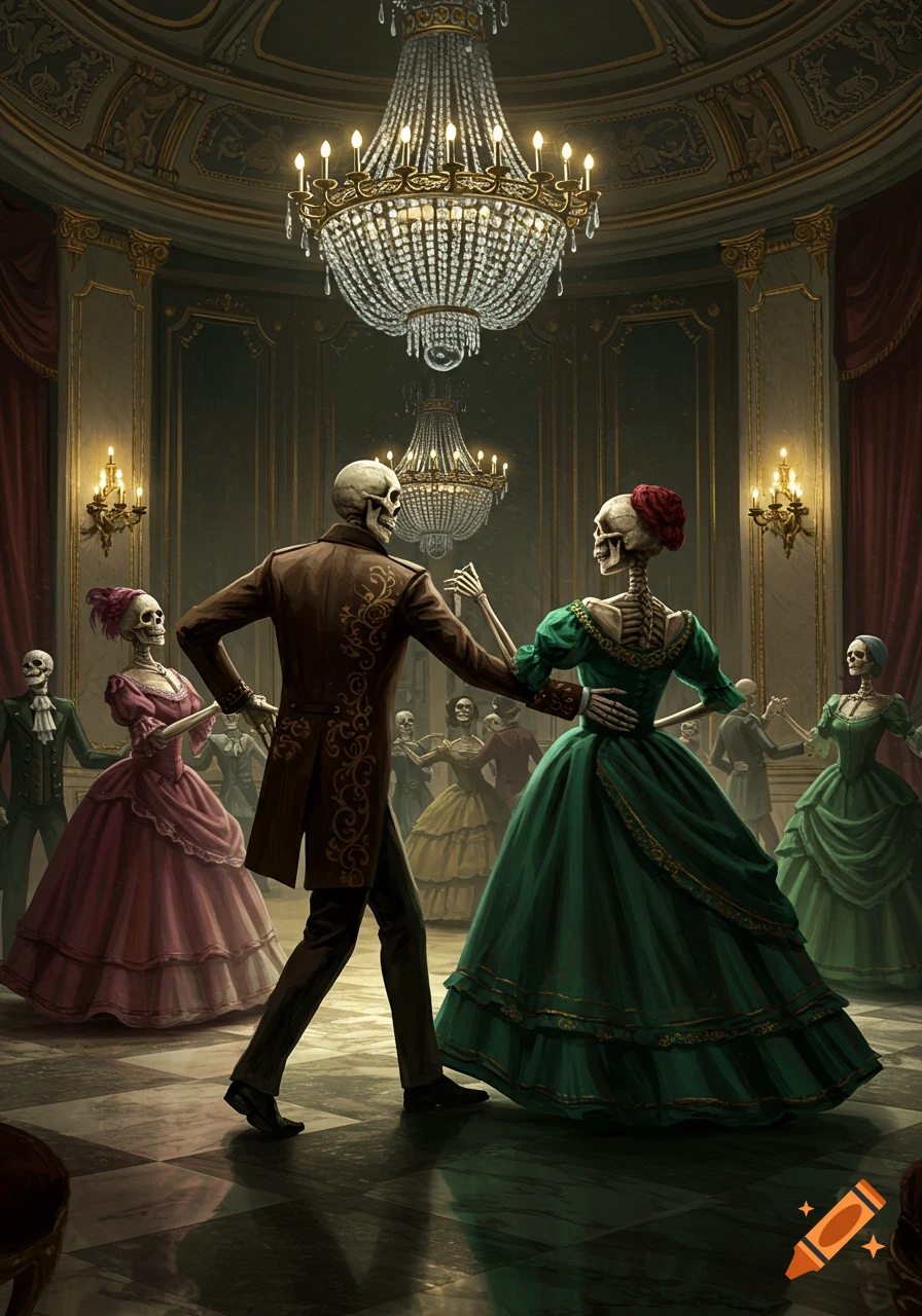 Skeletons in elegant period attire dance in a grand ballroom under glittering chandeliers.