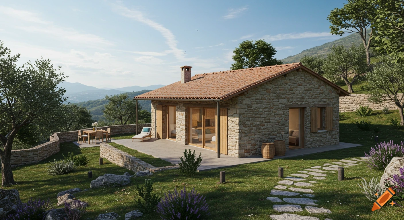 Stone vacation home with a red tile roof and glass doors, surrounded by a lush garden with olive trees and lavender, overlooking rolling hills.