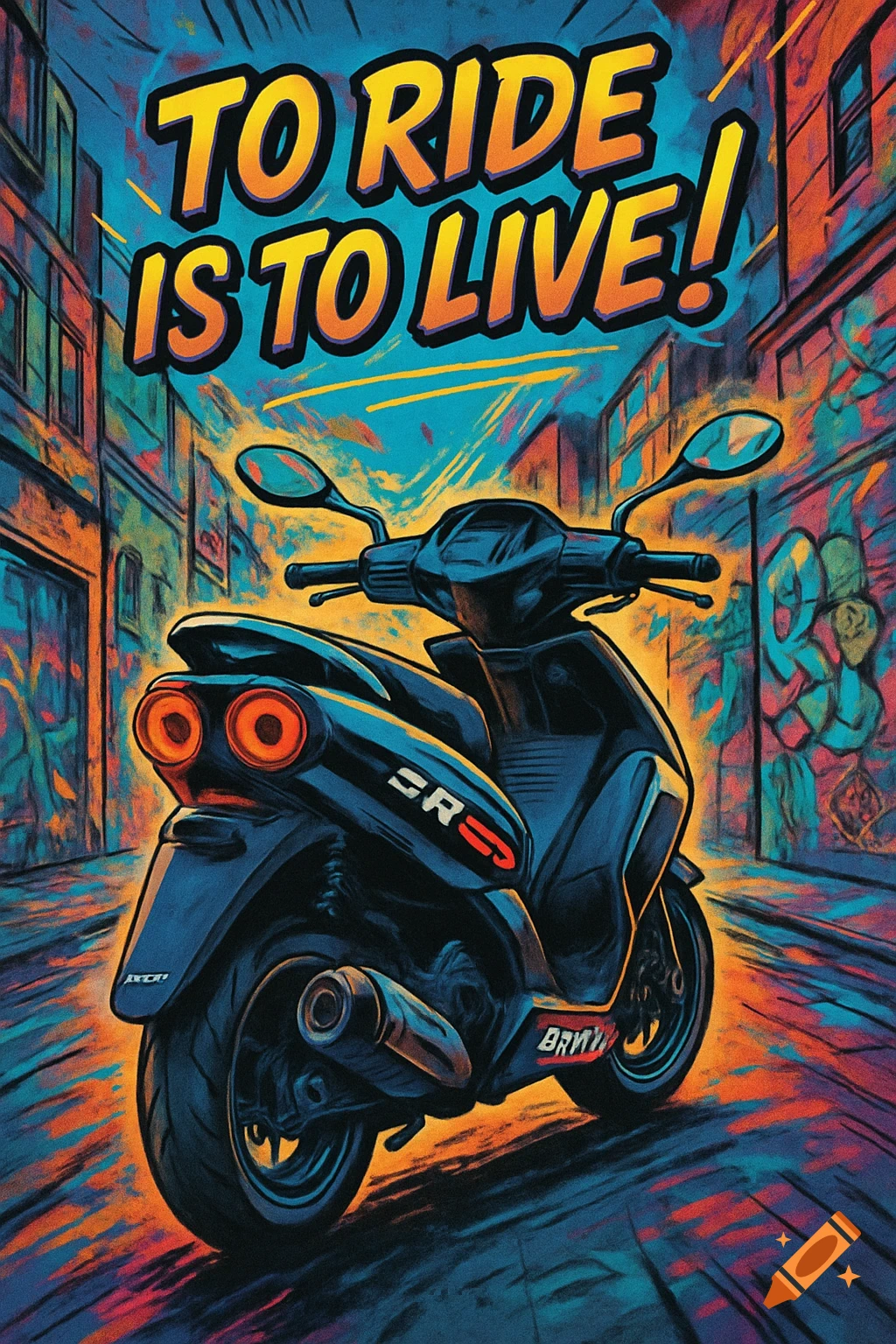 A black scooter with two round taillights in a vibrant, comic-style urban alley, with "TO RIDE IS TO LIVE!" text above.