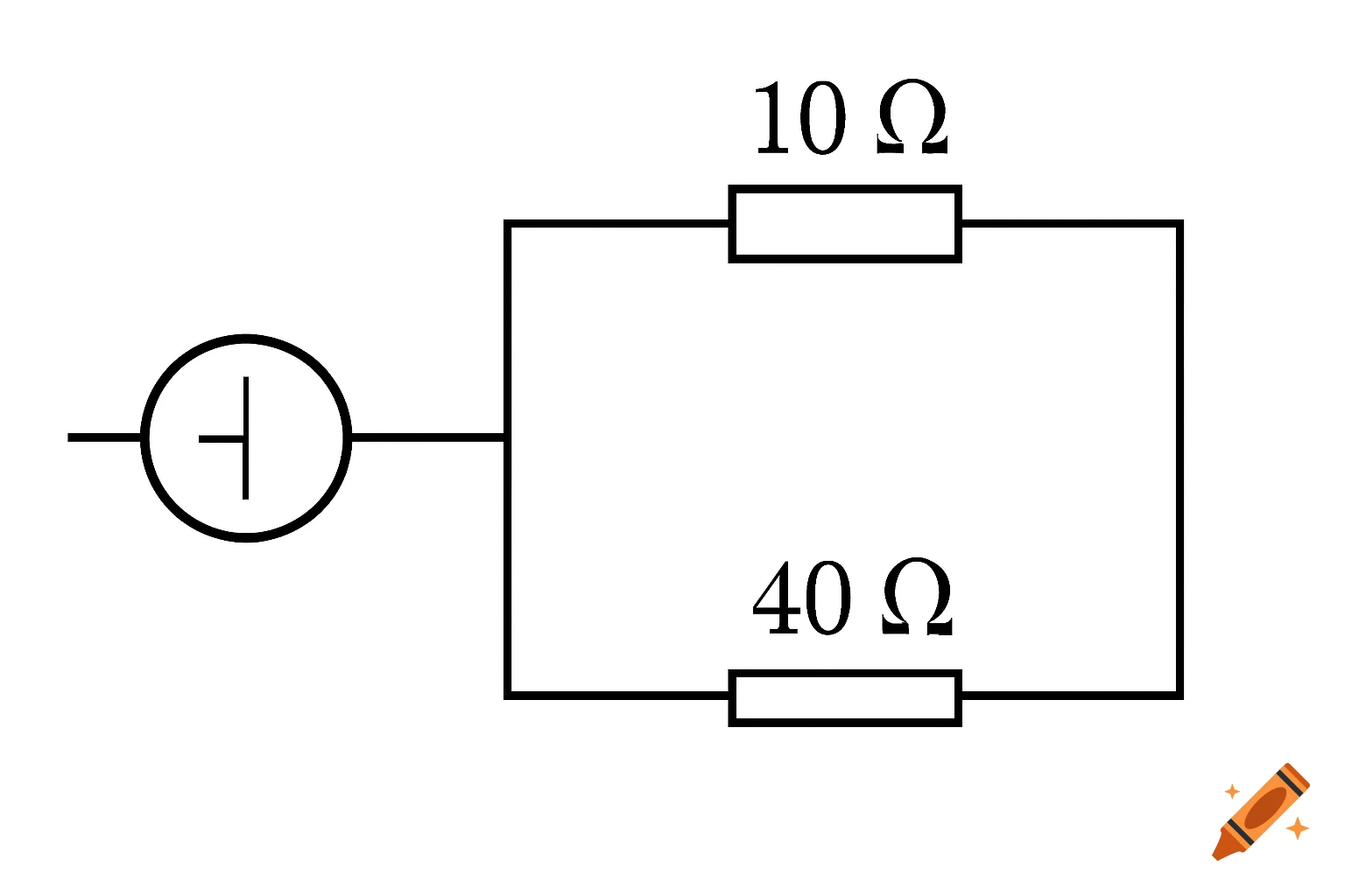 A black and white circuit diagram showing a voltage source connected to a 10 Ohm resistor and a 40 Ohm resistor in parallel.