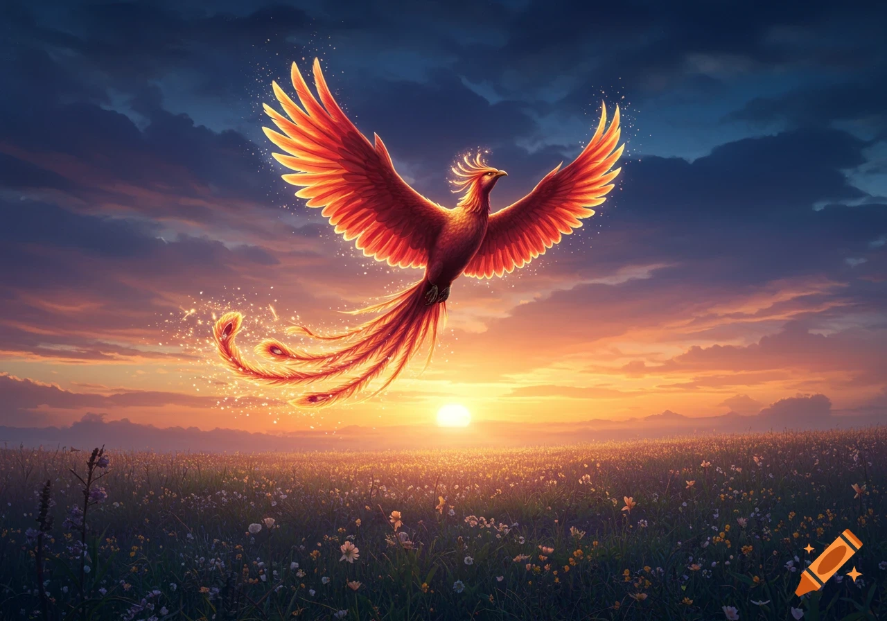 A majestic phoenix with fiery red and orange wings soars over a field of wildflowers during a vibrant sunset.