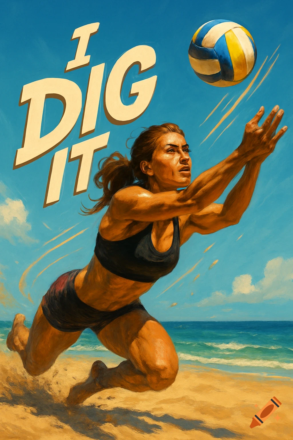 Muscular female volleyball player in a painterly style digging a ball on a sunny beach, with 'I DIG IT' text.