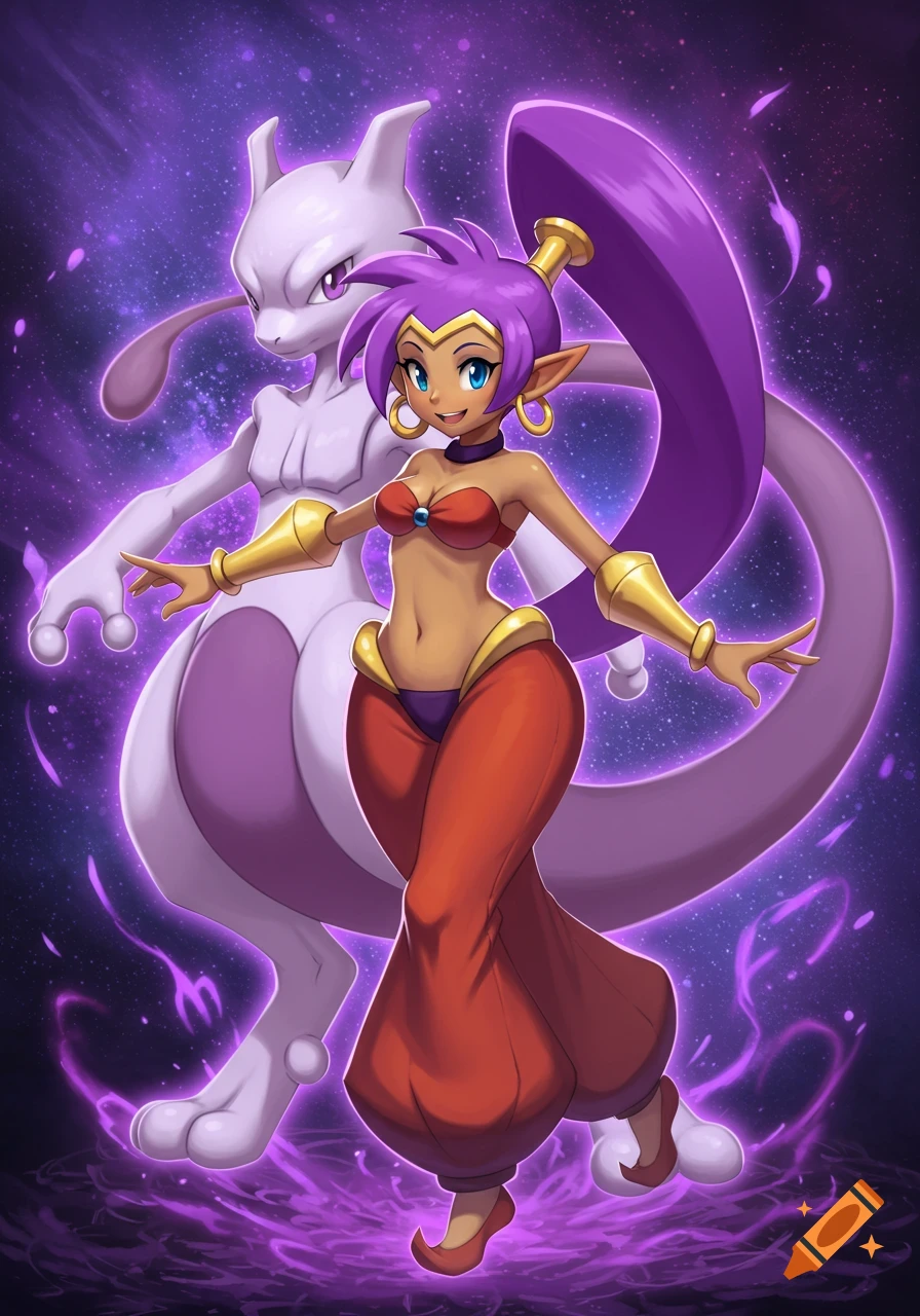 Shantae the genie with long purple hair and Mewtwo stand against a starry purple background in an anime art style.