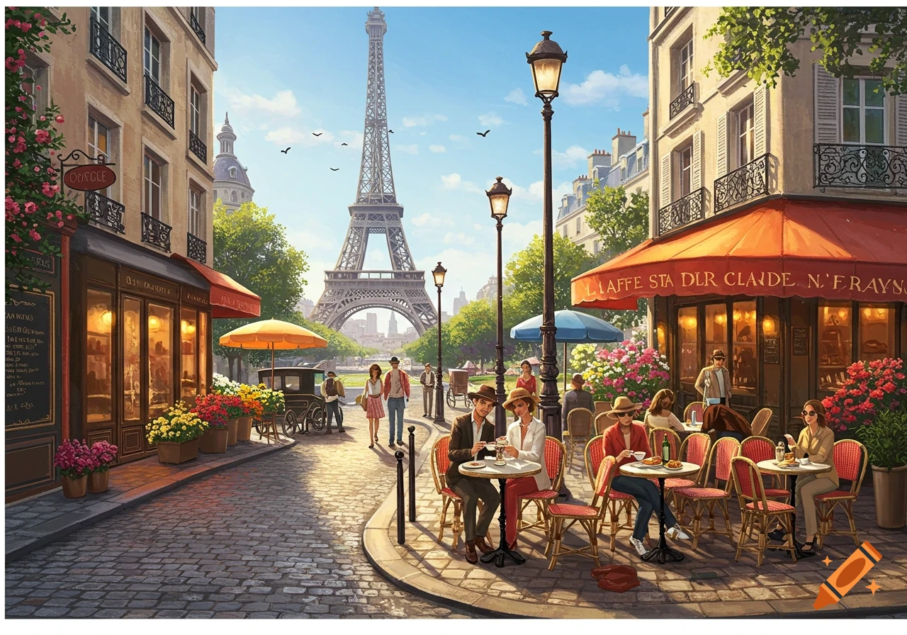 Illustration of a bustling Parisian street scene with people at outdoor cafes, shops, and the Eiffel Tower in the background.