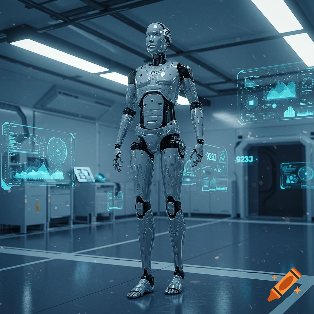 A sleek silver humanoid robot stands in a futuristic laboratory with glowing blue holographic displays.