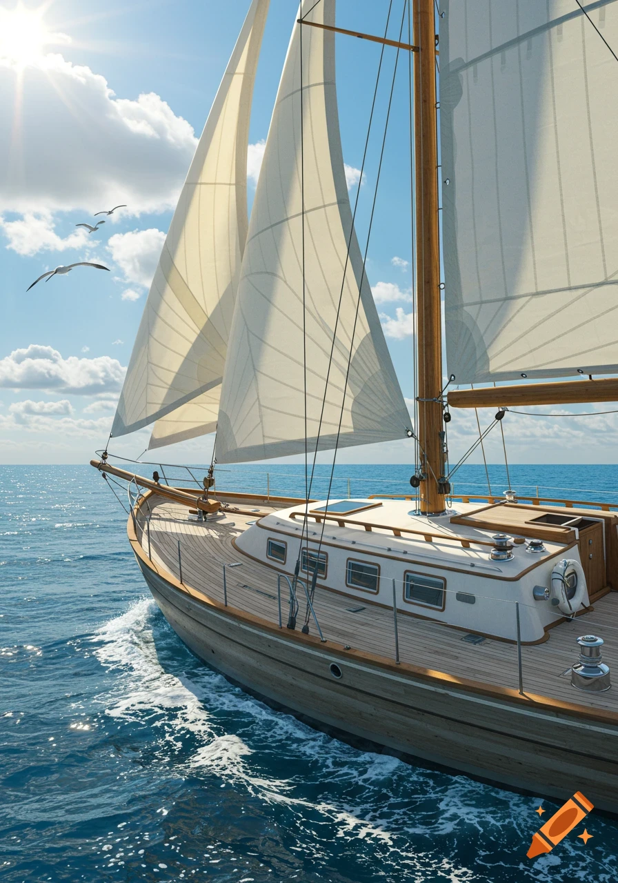 A photorealistic sailing yacht with white sails glides through blue ocean water under a sunny, cloudy sky with seagulls.