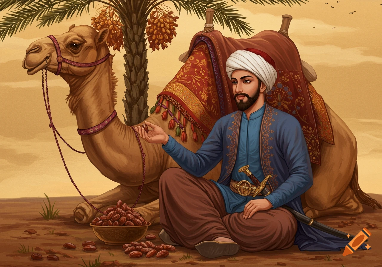 Digital painting of an Iranian man in traditional attire, sitting beside a camel under a date palm, holding dates.