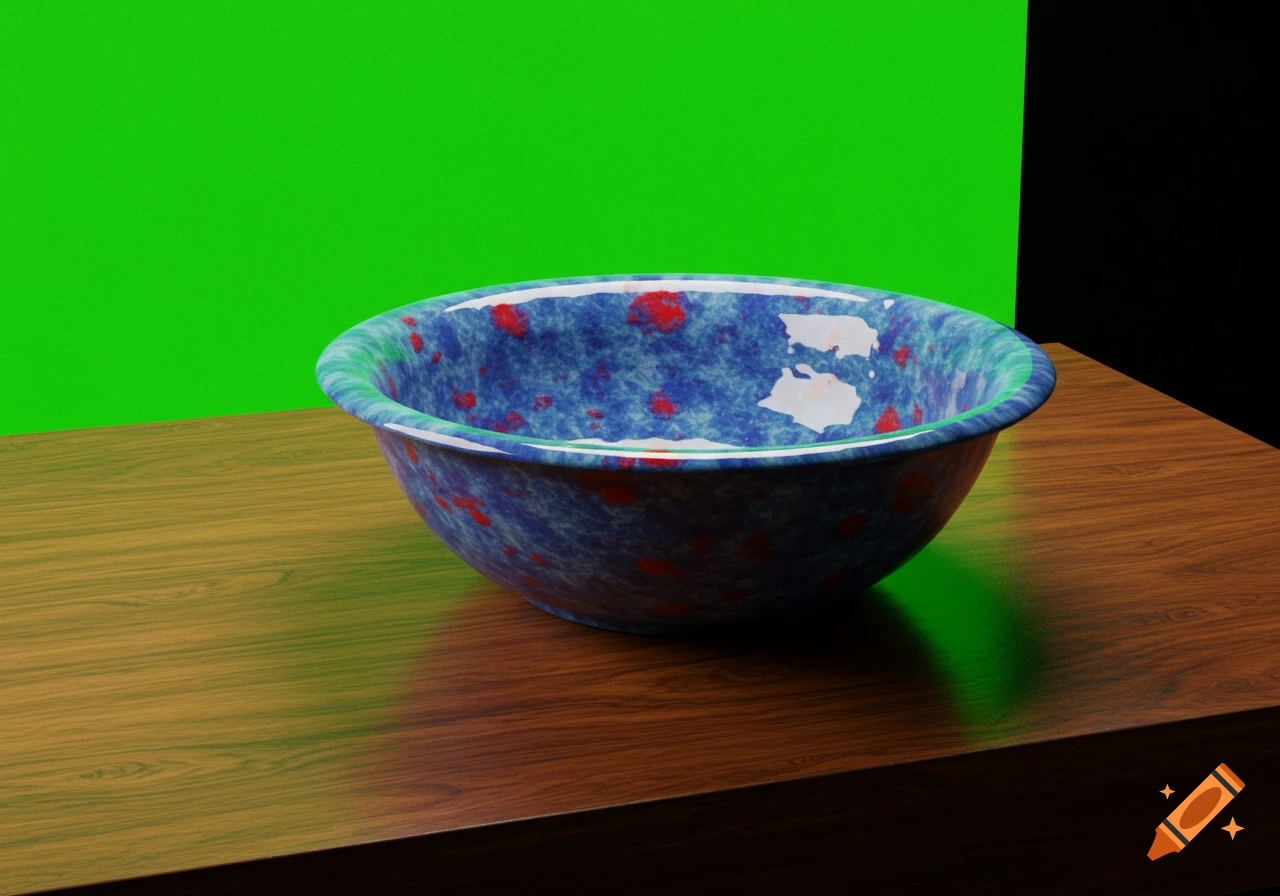 A blue and red speckled basin sits on a brown wooden table against a bright green chroma key backdrop.